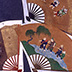 Japanese decorative fans, after treatment. Treatment: Heavy layers of dirt and soot were removed, as were old ceiling paper backings. Breaks and tears were mended, and the fans were relined. No water was used in this treatment.